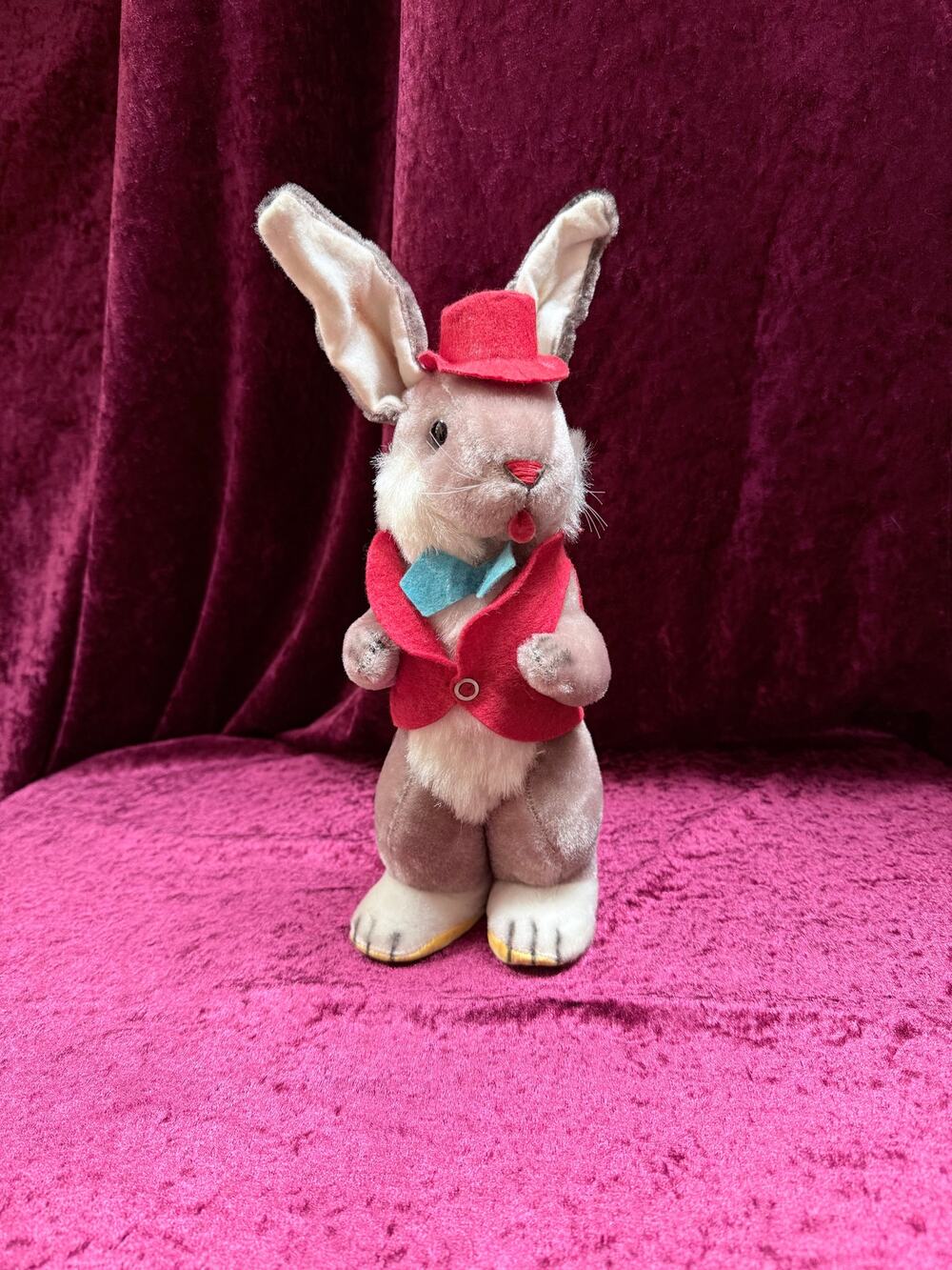 Vintage 1950s Gund Plush Rabbit Music Box – “Rock-a-Bye Baby” + Felt Outfit
